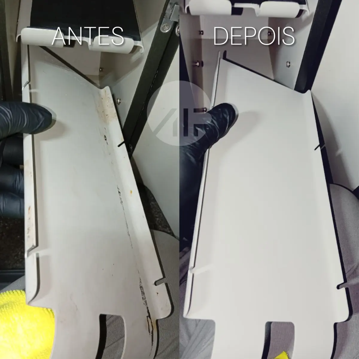 Mesa retrátil de aeronave antes e depois da higienização