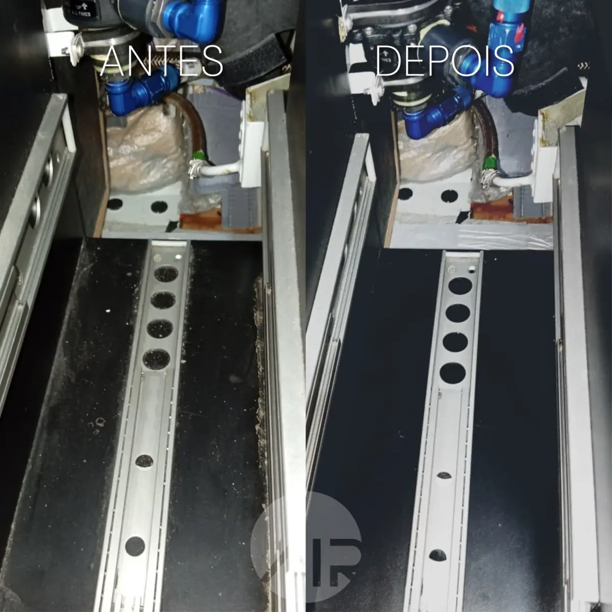 Área técnica do interior de uma aeronave antes e depois da limpeza