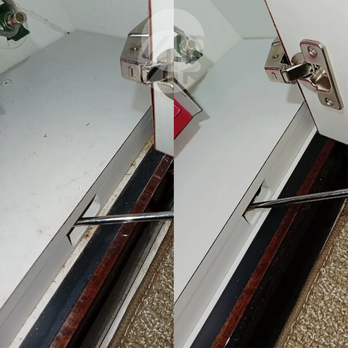 Armário da cabine antes e depois da limpeza detalhada