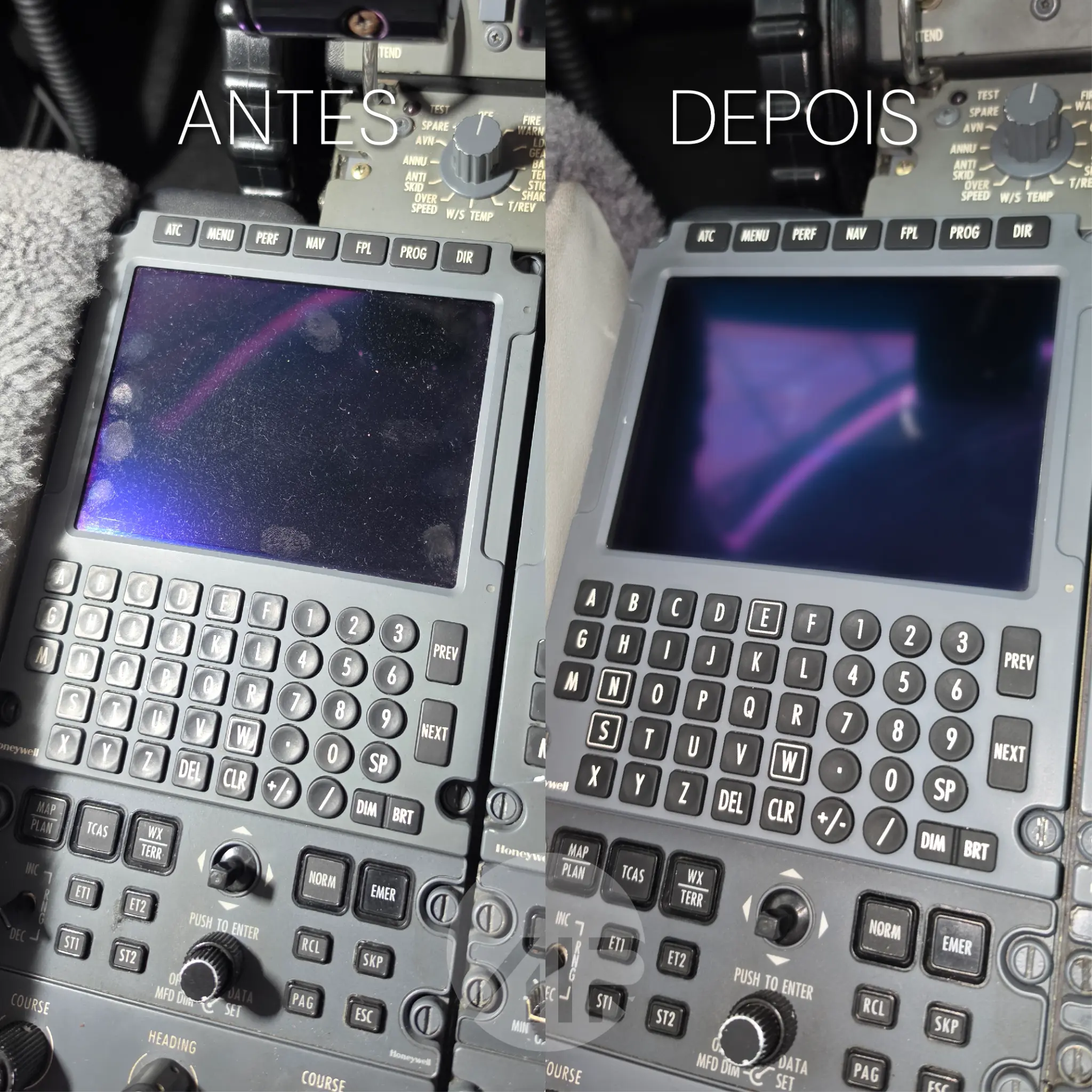 Cockpit de aeronave antes e depois da higienização detalhada